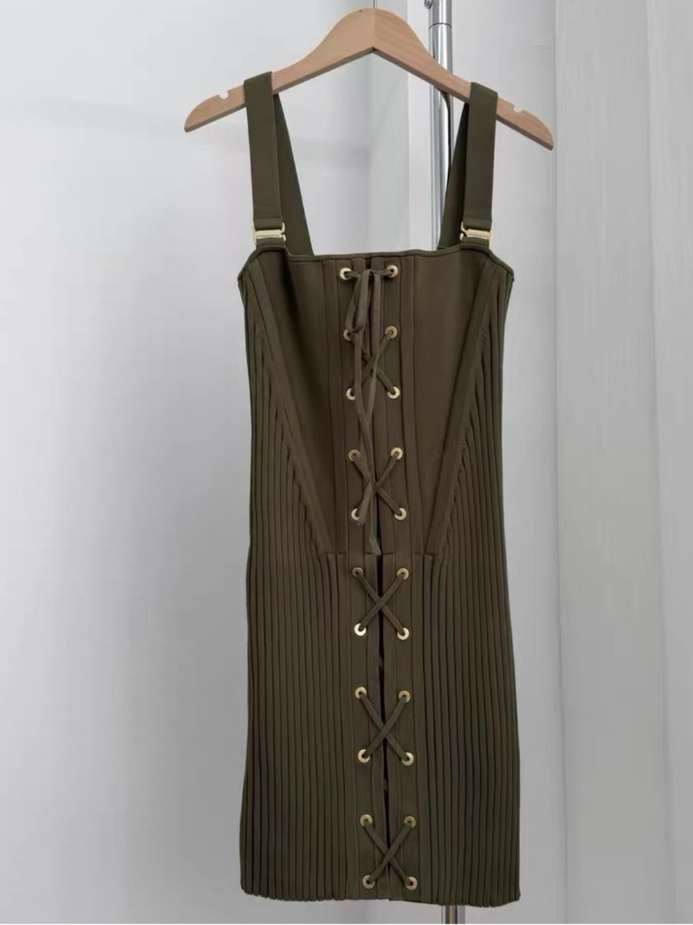 🚩steal Dion Lee Olive Lace-Up Ribbed Mini Dress